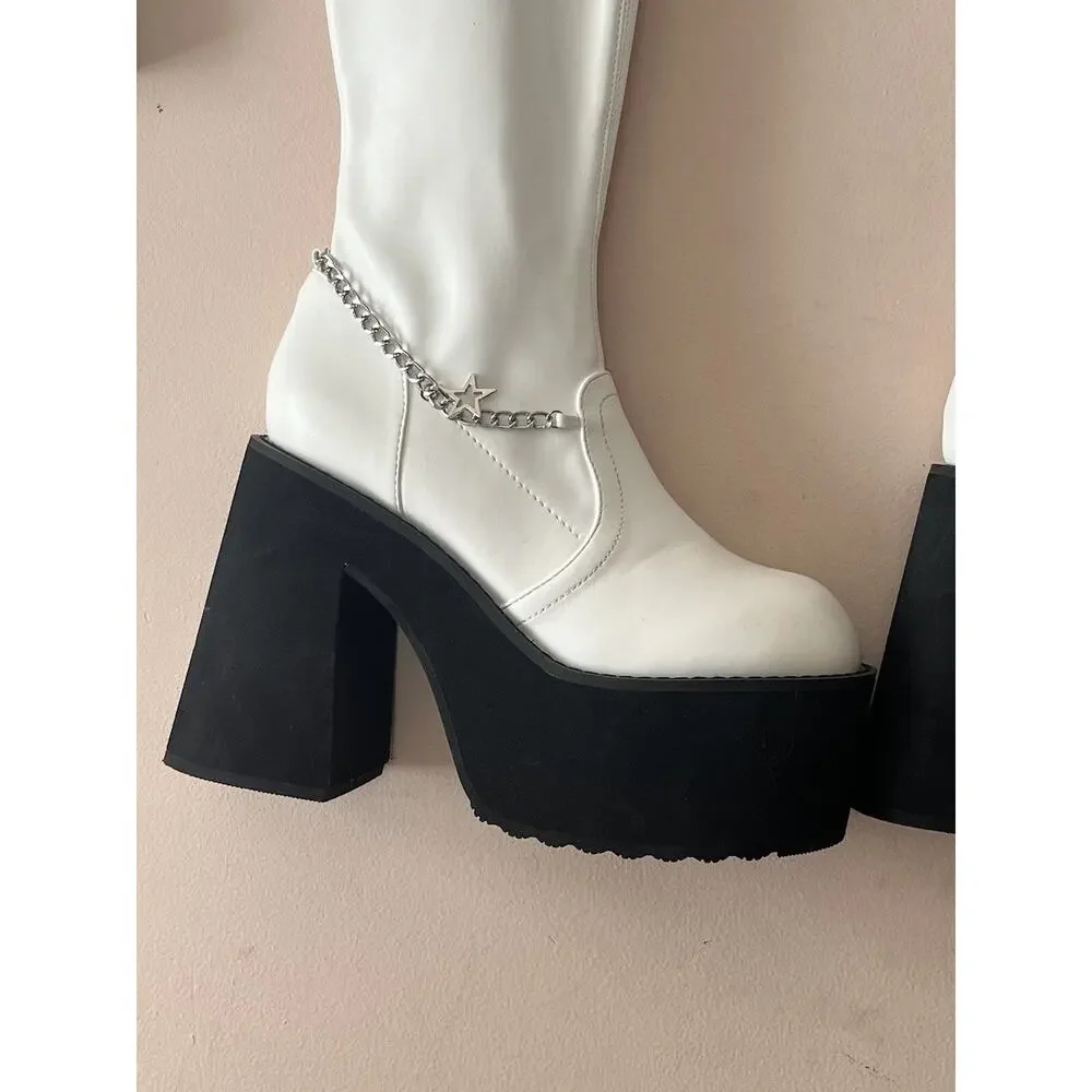 Dolls Kill BRATZ Thigh High Boots •8• Angel MISS SOCIALITE White Platform Go Go